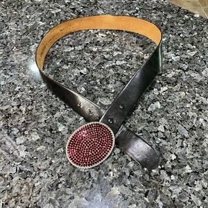 Neiman Marcus Vintage Black Leather Belt with Red Gemstone Buckle